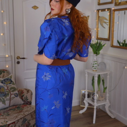 Elegant Blue Floral Silk Vintage Dress | S/M