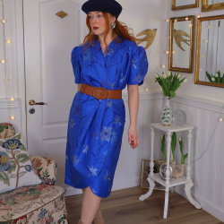 Elegant Blue Floral Silk Vintage Dress | S/M