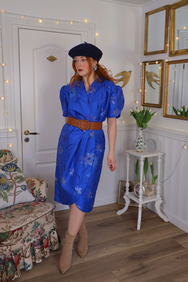 Elegant Blue Floral Silk Vintage Dress | S/M