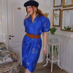 Elegant Blue Floral Silk Vintage Dress | S/M