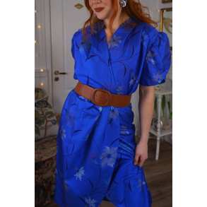 Elegant Blue Floral Silk Vintage Dress | S/M