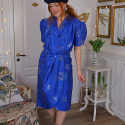 Elegant Blue Floral Silk Vintage Dress | S/M