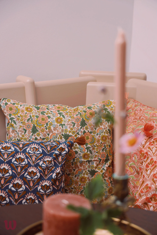 Retro Floral &amp; Blue Stripy Cotton Pillow Cover
