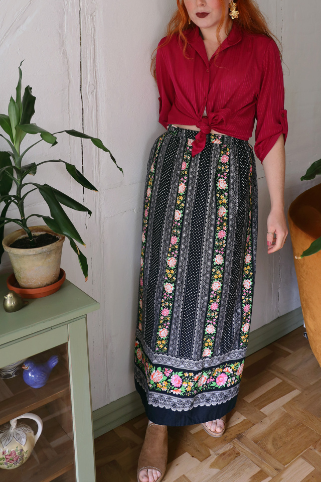 Black Floral Wrap Cotton Skirt | S/M