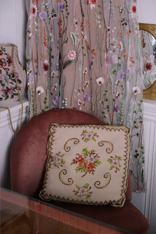 Floral Needlepoint Retro Pillow 