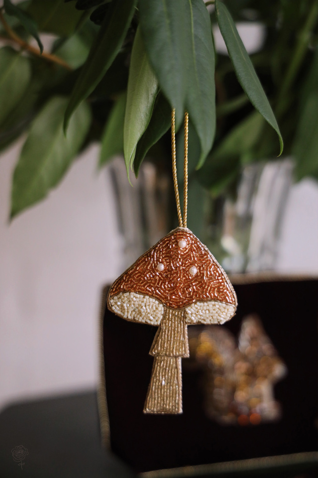 Beaded Golden Mushroom Decoration