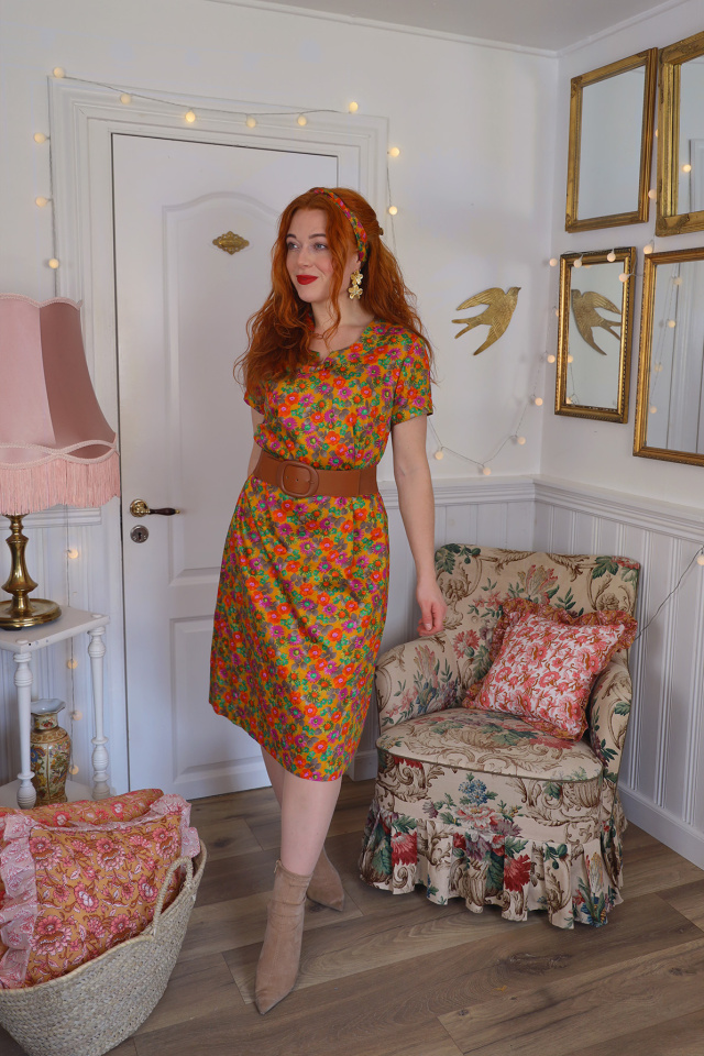Golden Floral 70's Vintage Dress | M