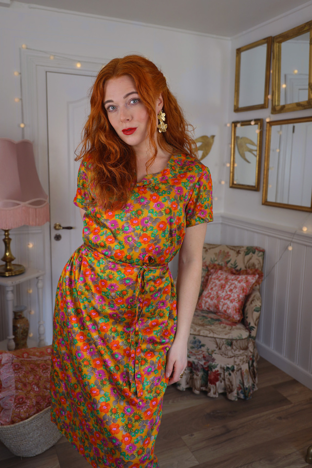 Golden Floral 70's Vintage Dress | M
