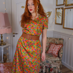 Golden Floral 70's Vintage Dress | M