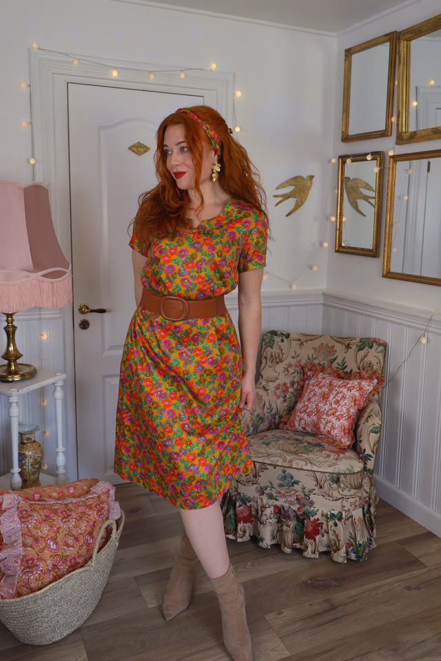 Golden Floral 70's Vintage Dress | M