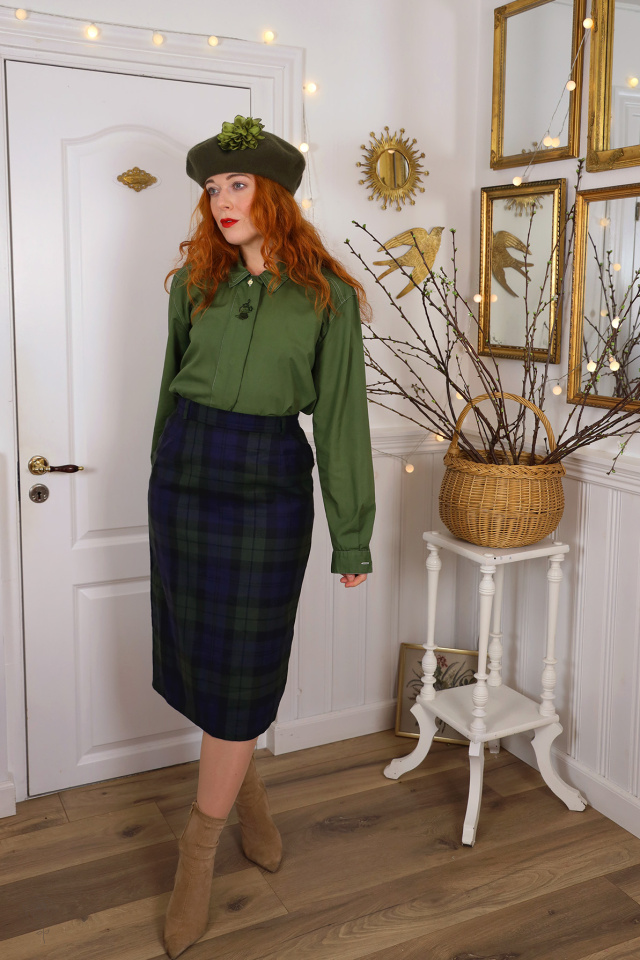 Blue &amp; Green Plaid Vintage Pencil Skirt | S/M