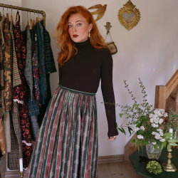 Green &amp; Pink Striped Floral Vintage Skirt | M/L