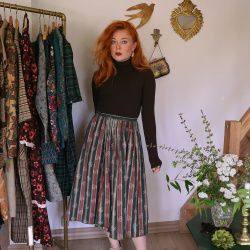 Green &amp; Pink Striped Floral Vintage Skirt | M/L