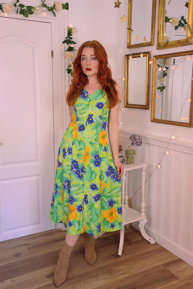 Green Blue Floral 90's Vintage Dress | S