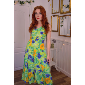 Green Blue Floral 90's Vintage Dress | S