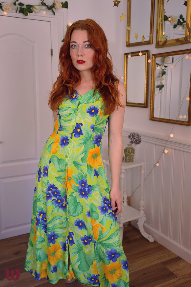 Green Blue Floral 90's Vintage Dress | S