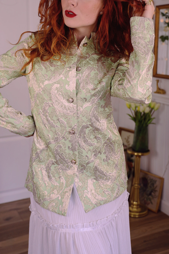 Golden Green Brocade Vintage Jacket | S