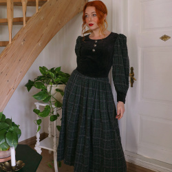 Green Plaid &amp; Black Velvet Vintage Dress | S