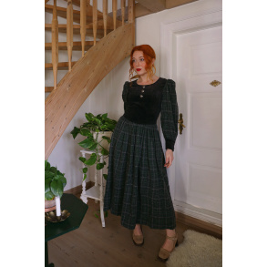 Green Plaid & Black Velvet Vintage Dress | S