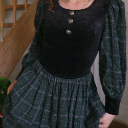 Green Plaid &amp; Black Velvet Vintage Dress | S