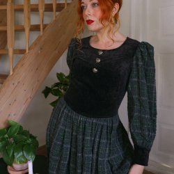 Green Plaid &amp; Black Velvet Vintage Dress | S