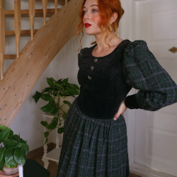 Green Plaid &amp; Black Velvet Vintage Dress | S