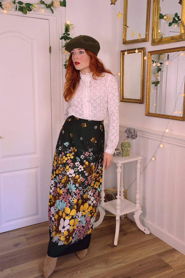 Green Floral Vintage Maxi Skirt | XS