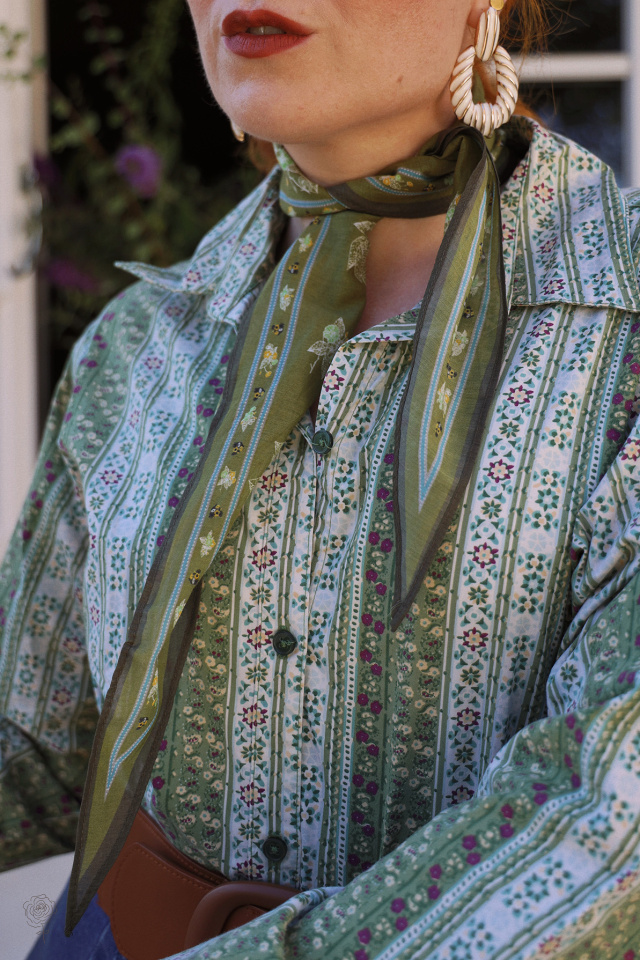Green Striped Floral Vintage Blouse | L