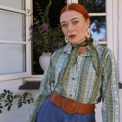 Green Striped Floral Vintage Blouse | L