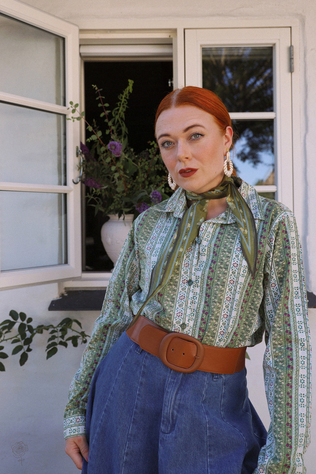 Green Striped Floral Vintage Blouse | L