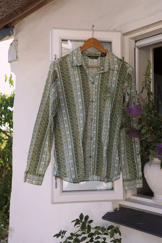 Green Striped Floral Vintage Blouse | L