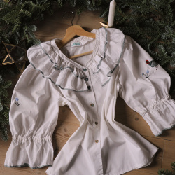 Green Frills Hens Embroidered Vintage Top | M