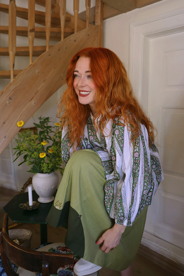 Green Block Print Indien Blouse | S