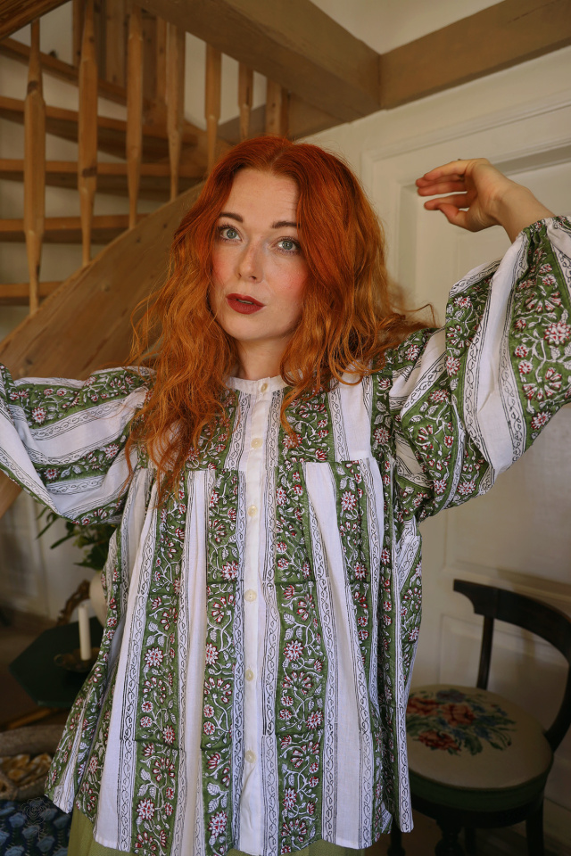 Green Block Print Indien Blouse | S