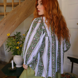 Green Block Print Indien Blouse | S