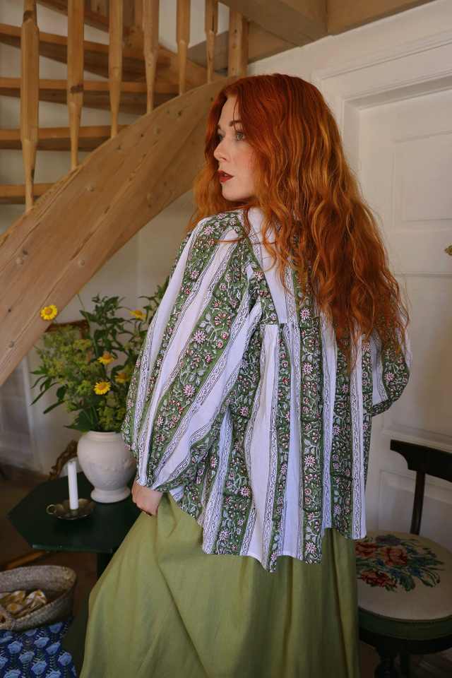 Green Block Print Indien Blouse | S