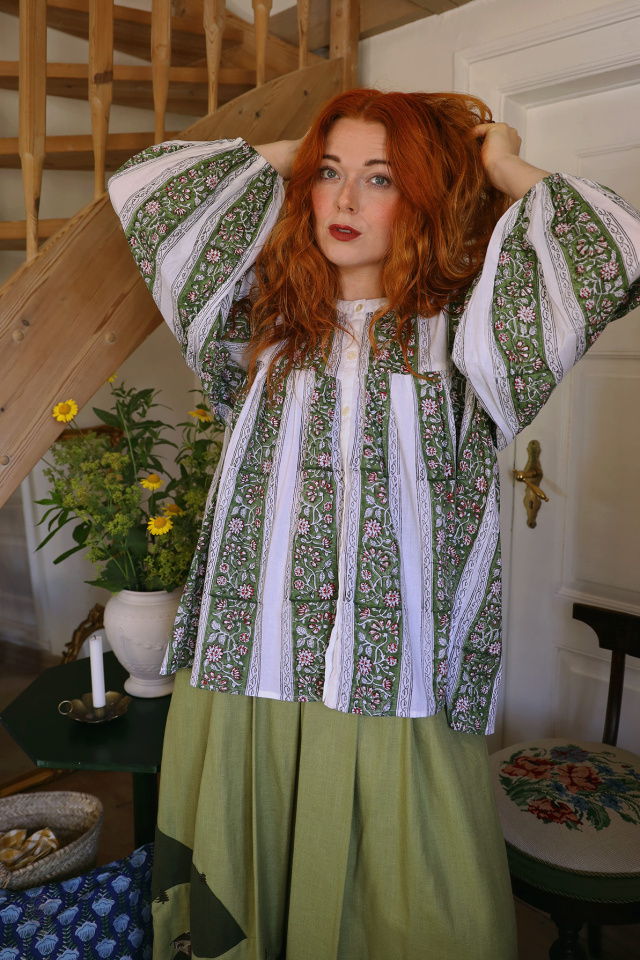Green Block Print Indien Blouse | S