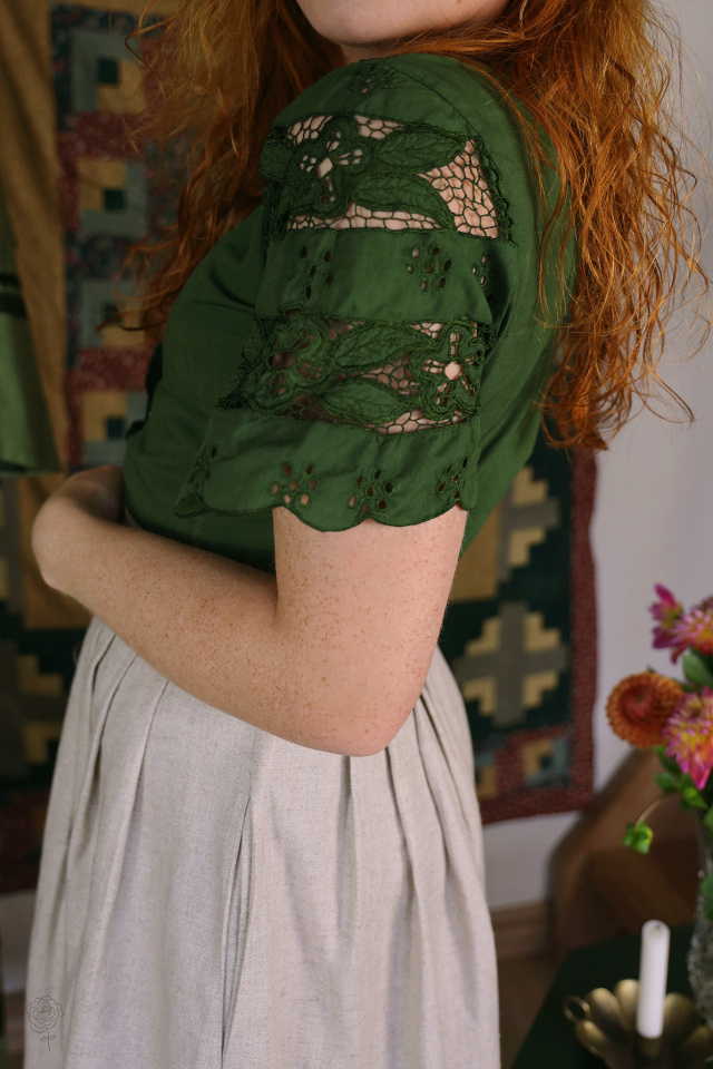 Redyed Green Lace Cotton Vintage Top | S
