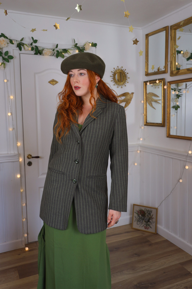 Long Green Striped Vintage Blazer | S