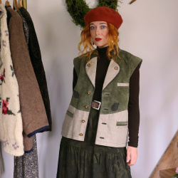 Green Suede Linen Vintage Waistcoat | S/M