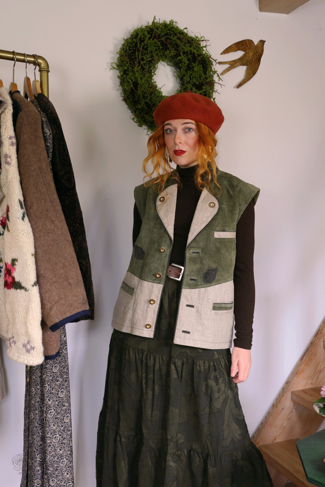 Green Suede Linen Vintage Waistcoat | S/M