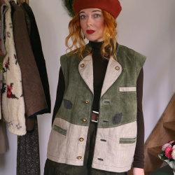Green Suede Linen Vintage Waistcoat | S/M