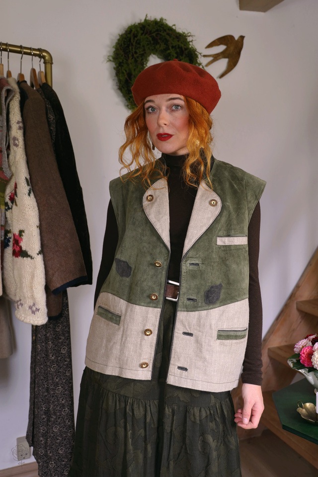 Green Suede Linen Vintage Waistcoat | S/M