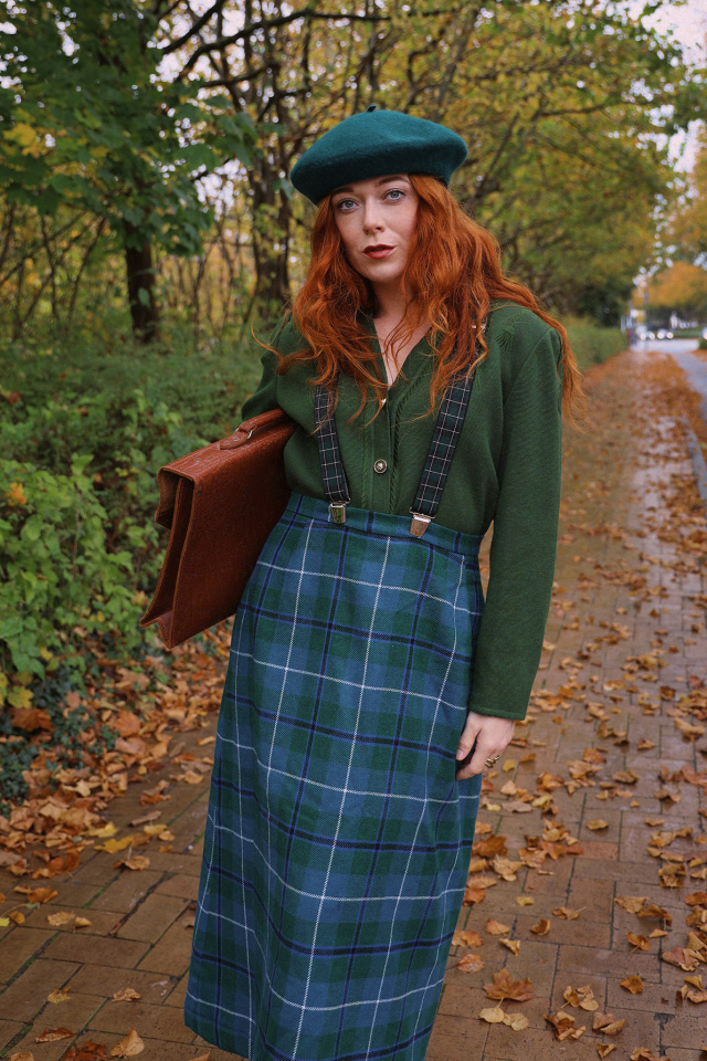 Green &amp; Blue Plaid Vintage Wool Skirt | M/L