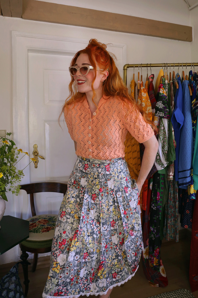 Grey Floral Cotton Vintage Skirt | S