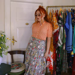 Grey Floral Cotton Vintage Skirt | S