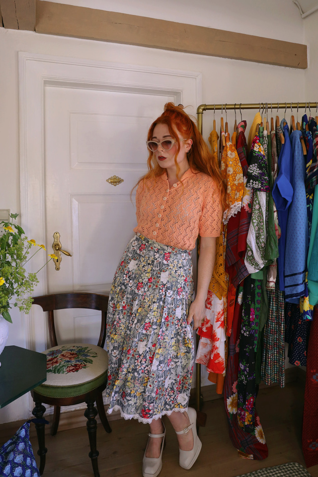 Grey Floral Cotton Vintage Skirt | S
