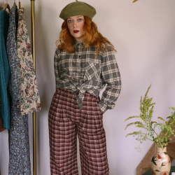 Grey Plaid Autumn Vintage Blouse | XL