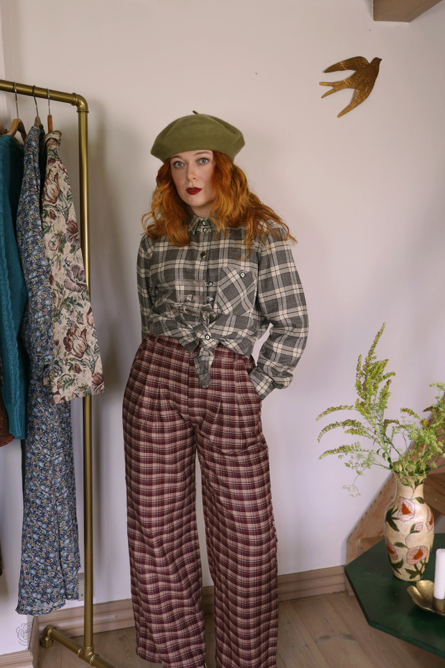 Grey Plaid Autumn Vintage Blouse | XL