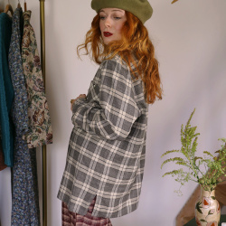 Grey Plaid Autumn Vintage Blouse | XL